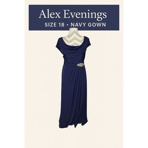 Alex Evenings Navy Blue Cowl Neck Ruched Gown w/ Beaded Detail Sz 18 Formal